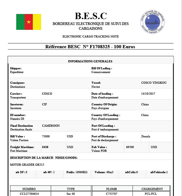 喀麦隆ECTN/BESC办理所需资料_国际货运_旭洲物流
