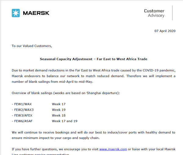 疫情已经使船东生意减少，马士基4月中旬开始实施空白航行